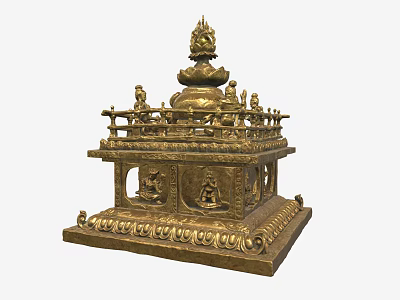 Golden Multi Tiered Ornament Decorative Set With Carved Buddha Figures And Intricate Details 3d model