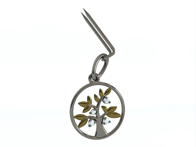 Silver Pendant With Circular Design Tree Motif Golden Leaves And Blue Gemstones 3d model