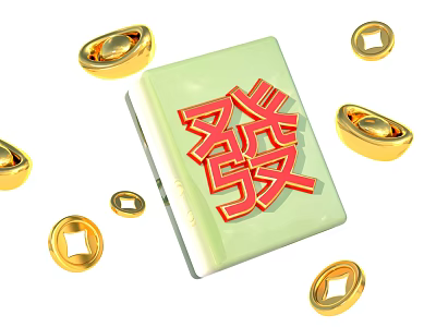 Shiny Gold Ingot Shaped Jewelry with Multiple Pieces Surrounding Green Notebook and Red Fa Character 3d model