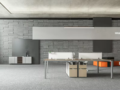 Modern Office Desk with Gray Carpet Brick Wall Orange Chair and White Filing Cabinet 3d model