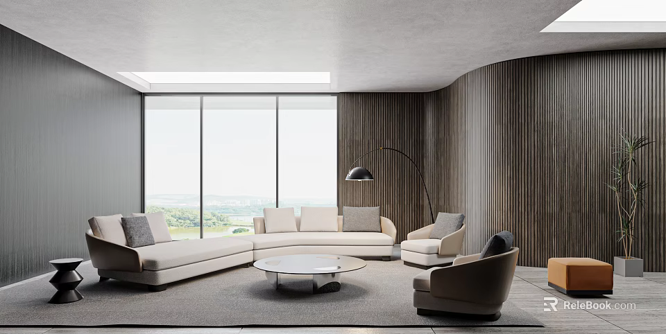 Modern Living Room Interior With Large Windows Scenic View Light Colored Sofa Round Coffee Table 3d model