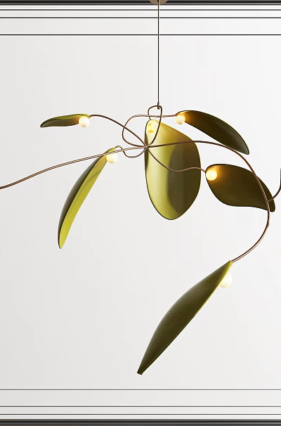 Modern Leaf Shaped Green Pendant Light With Metal Frame And LED Bulbs 3d model
