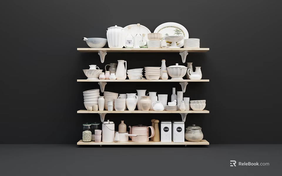 Kitchenware Collection On Wooden Shelves With Bowls Plates Cups And Jars 3d model 