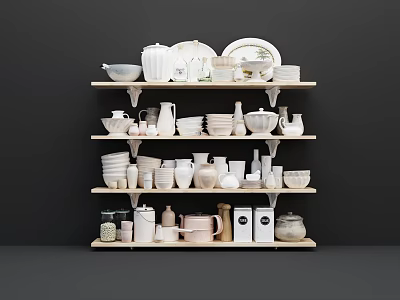 Kitchenware Collection On Wooden Shelves With Bowls Plates Cups And Jars 3d model