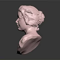 Pink Woman Bust Sculpture Featuring Curly Hair Ruffled Collar In Dark Background With Reflective Surface