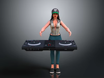 Person Wearing Cap Sleeveless Top Green Pants Holding Black DJ Controller With Extended Arms 3d model