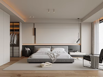 Contemporary Bedroom Interior Design With Gray Bed Open Wardrobe Ceiling Lights Wooden Floor And Rug 3d model
