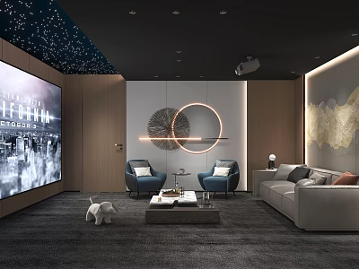 Modern Home Theater Interior With Large Screen Gray Sofa Blue Armchairs And Starry Ceiling 3d model