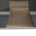 Modern Booth Seats Interior Design With Wall TV Wooden Panels And Gray Upholstery