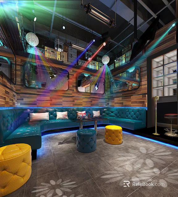 Stylish KTV Interior Featuring Disco Balls Colorful Lights Blue Sofas And Wooden Walls 3d model 