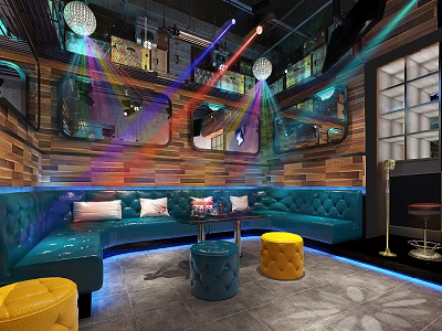 Stylish KTV Interior Featuring Disco Balls Colorful Lights Blue Sofas And Wooden Walls 3d model