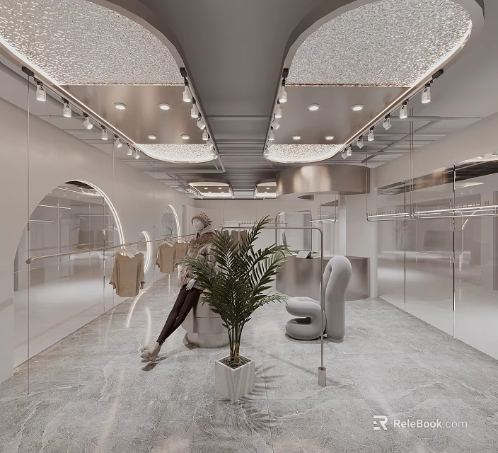 Elegant Modern Clothing Store Interior With Ceiling Lighting Marble Floor Green Plant And Seating 3d model 