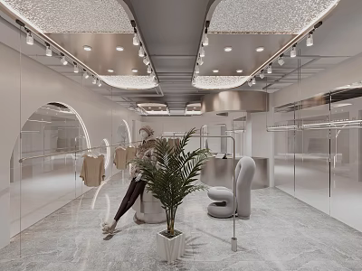 Elegant Modern Clothing Store Interior With Ceiling Lighting Marble Floor Green Plant And Seating 3d model