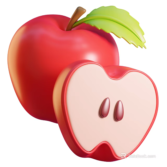 Juicy Whole Red Apple With Sliced Piece Featuring Seeds And Green Leaf 3d model 