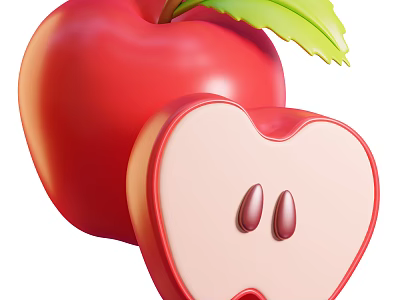 Juicy Whole Red Apple With Sliced Piece Featuring Seeds And Green Leaf 3d model