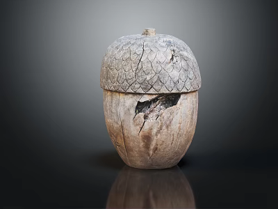 Wooden Acorn Shaped Container With Scaly Texture Lid And Weathered Cracks On Dark Background 3d model