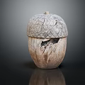 Wooden Acorn Shaped Container With Scaly Texture Lid And Weathered Cracks On Dark Background