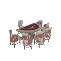 Red Round Table And Six Chairs Set With Red Backrest Seat Cushions And Silver Legs
