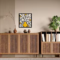 Modern Wooden Dressers With Vertical Slat Doors Books Potted Plants And Decorative Painting