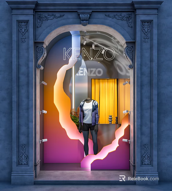 Kenzo Shop Window Showcasing Mannequin In Fashionable Outfit With Colorful Lights 3d model 