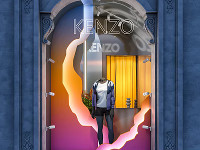 Kenzo Shop Window Showcasing Mannequin In Fashionable Outfit With Colorful Lights 3d model