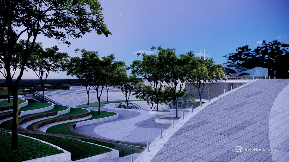 Modern Urban Park Landscape With Curved Pathways Green Trees Grass Terraces And Stone Pavement 3d model 