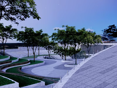 Modern Urban Park Landscape With Curved Pathways Green Trees Grass Terraces And Stone Pavement 3d model