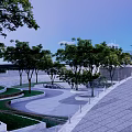 Modern Urban Park Landscape With Curved Pathways Green Trees Grass Terraces And Stone Pavement