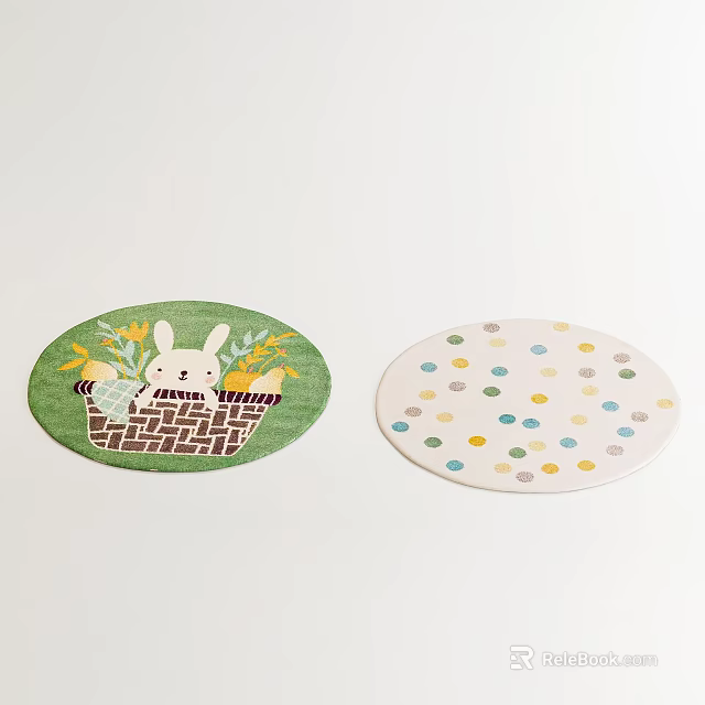 Round Rugs With Green Rabbit Basket Yellow Flowers And White Colorful Dots Design 3d model 