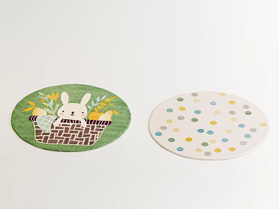 Round Rugs With Green Rabbit Basket Yellow Flowers And White Colorful Dots Design 3d model