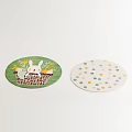 Round Rugs With Green Rabbit Basket Yellow Flowers And White Colorful Dots Design