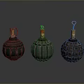 Three Hand Grenades With Ribbed Metal Shells And Safety Pins As Weapons