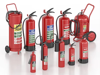 Various Types of Fire Extinguishers Including Portable and Wheeled Fire Safety Equipment 3d model
