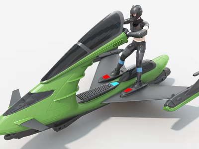 Green Modern Fighter Jet with Sleek Design and Person in Gear Standing On Transparent Canopy Wings 3d model