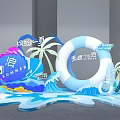 Vibrant Summer Stage Featuring Palm Trees Waves and Inflatable Ring for Cool Atmosphere