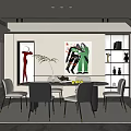 Modern Dining Room Interior With Dining Table Chairs Decorative Paintings Bookshelves And Plant
