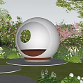 Park Landscape with Starry Sky Hot Air Balloons Pink Blossoms Transparent Spherical Structure String Lights