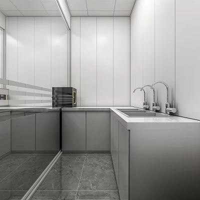 Modern Kitchen With Stainless Steel Cabinets Sink Faucet And Oven 3d model