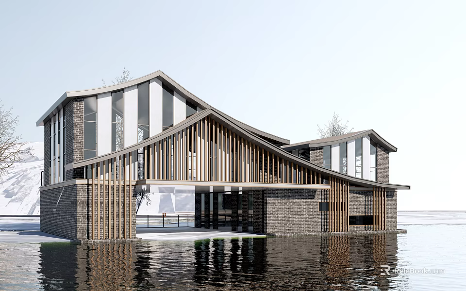 Modern Waterfront Visitor Center With Wooden Structure Brick Walls Sloped Roof And Large Windows 3d model 