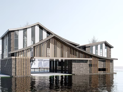 Modern Waterfront Visitor Center With Wooden Structure Brick Walls Sloped Roof And Large Windows 3d model