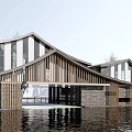 Modern Waterfront Visitor Center With Wooden Structure Brick Walls Sloped Roof And Large Windows