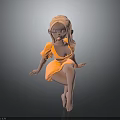 Child With Orange Hair Wearing Orange Dress And Glasses In Squatting Pose Barefoot