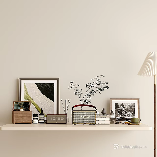 Stylish Daily Essentials Arranged On White Shelf With Photo Frames Plant Radio And Storage Box 3d model 