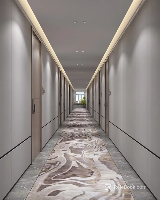 Modern Hotel Corridor Interior With Gray Wall Panels Wooden Doors And Patterned Carpet 3d model 