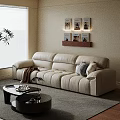 Modern Living Room Interior With Beige Leather Sofa Black Coffee Table And Wooden Shelf Wall