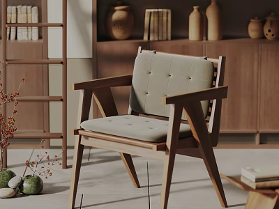 Button Tufted Leisure Chair With Wooden Frame And Light Gray Cushion In Modern Living Room 3d model