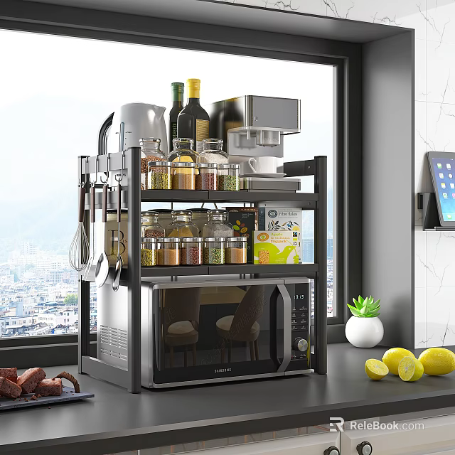 Kitchen Storage Shelf with Spice Jars Wine Bottles Coffee Maker Above Microwave 3d model