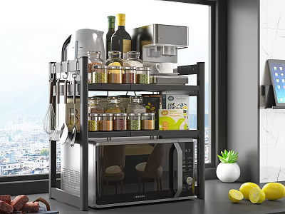 Kitchen Storage Shelf with Spice Jars Wine Bottles Coffee Maker Above Microwave 3d model