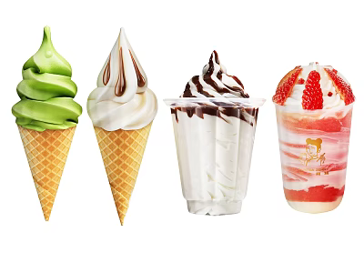Delicious Ice Cream Cones And Cups With Matcha Vanilla Chocolate And Strawberry Flavors 3d model