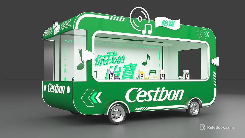 Cestbon Green Mobile Food Truck With Music Elements Transparent Windows And Drinks 3d model 